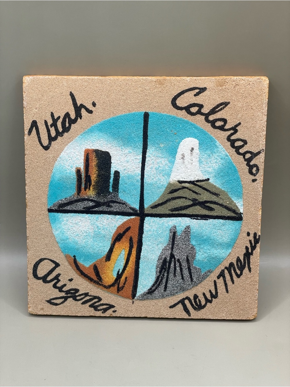 VTG READ Navajo Four Corners States Sand Art Plaque Native American Tile 6x6”